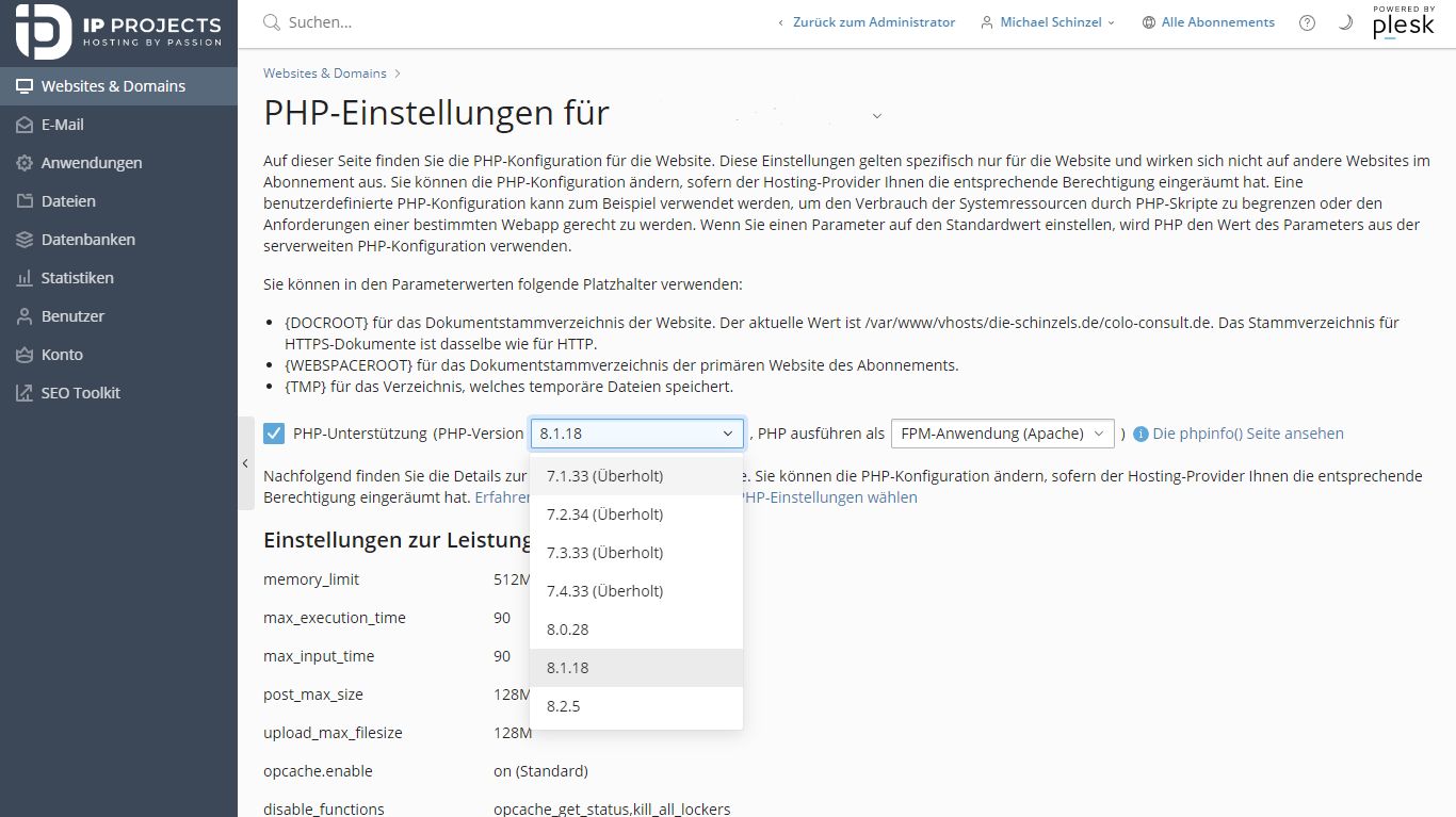 Plesk - PHP-Versionen